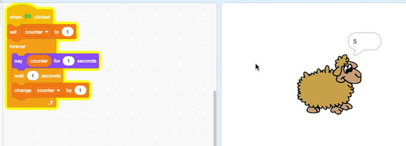 blocks labeled "set counter to 1" and "forever" with "say counter for 1 seconds", "wait 1 seconds", and "change counter by 1" nested inside