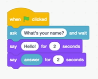 screenshot of blocks with say for 2 seconds