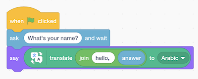 blocks labeled "when green flag clicked", "ask (What's your name?) and wait", "say (translate (join (hello) (answer) to Arabic))"