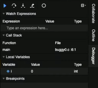 debugger panel with controls, variables