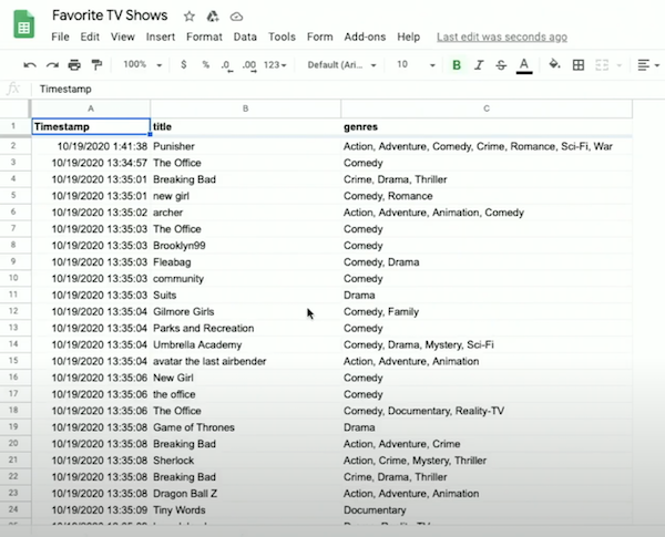 image of Google Sheets spreadsheet with row 1 having cells "Timestamp", "title", and "genres", with row 2 having cells "10/19/2020 1:41:38", "Punisher", "Action, Adventure", and so on
