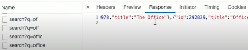 Network tab with requests for search?q=of, search?q=off, etc. and Response with JSON