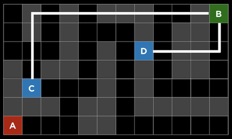 maze with lines between C and D and B and D, up and to the right