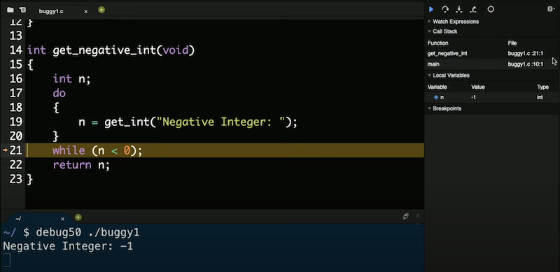 while (n < 0) highlighted, debugger panel with n having a value of -1